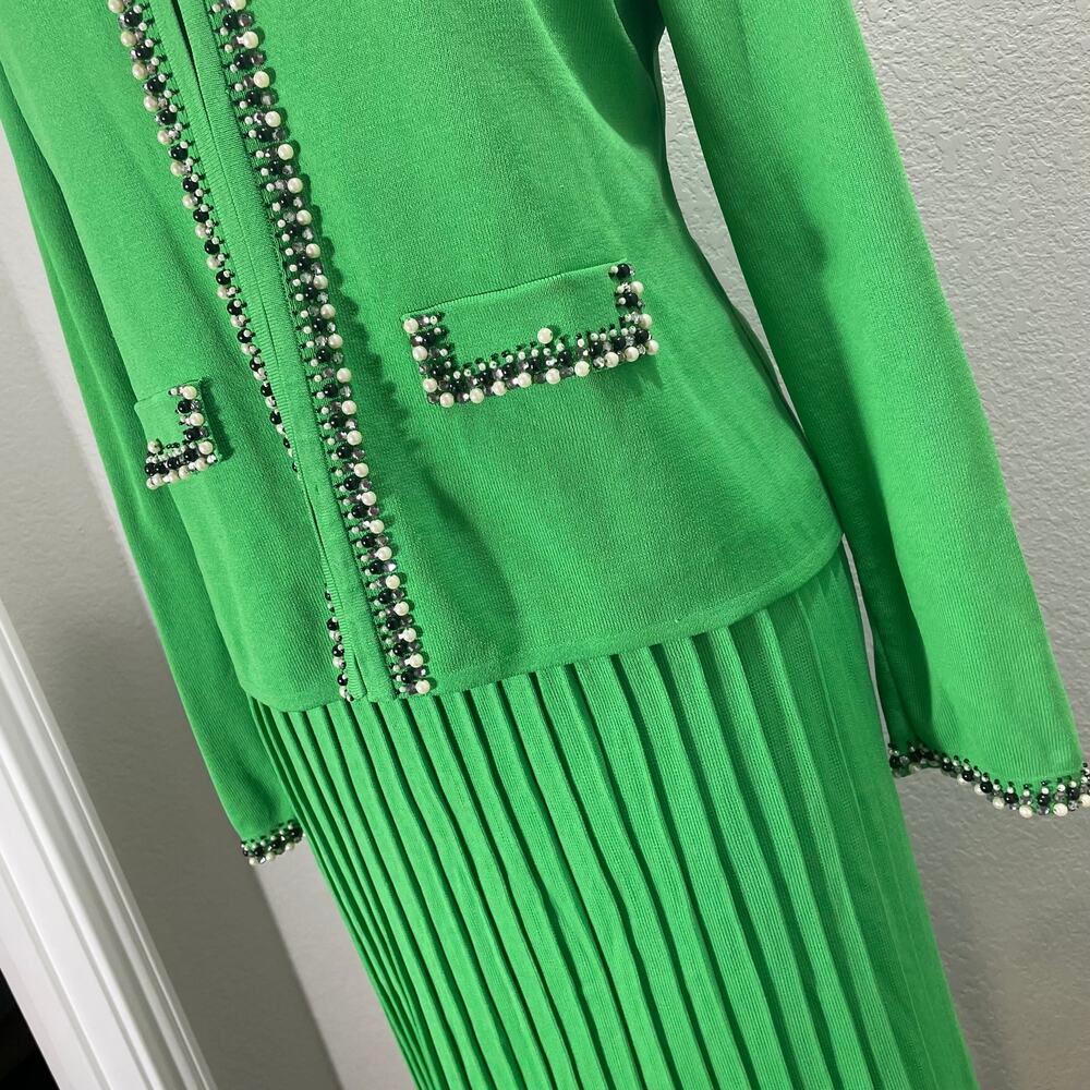 MTWT 9-5 Green Jeweled Knit Sweater Skirt Set Retro Academia Women's Small - Picture 7 of 11